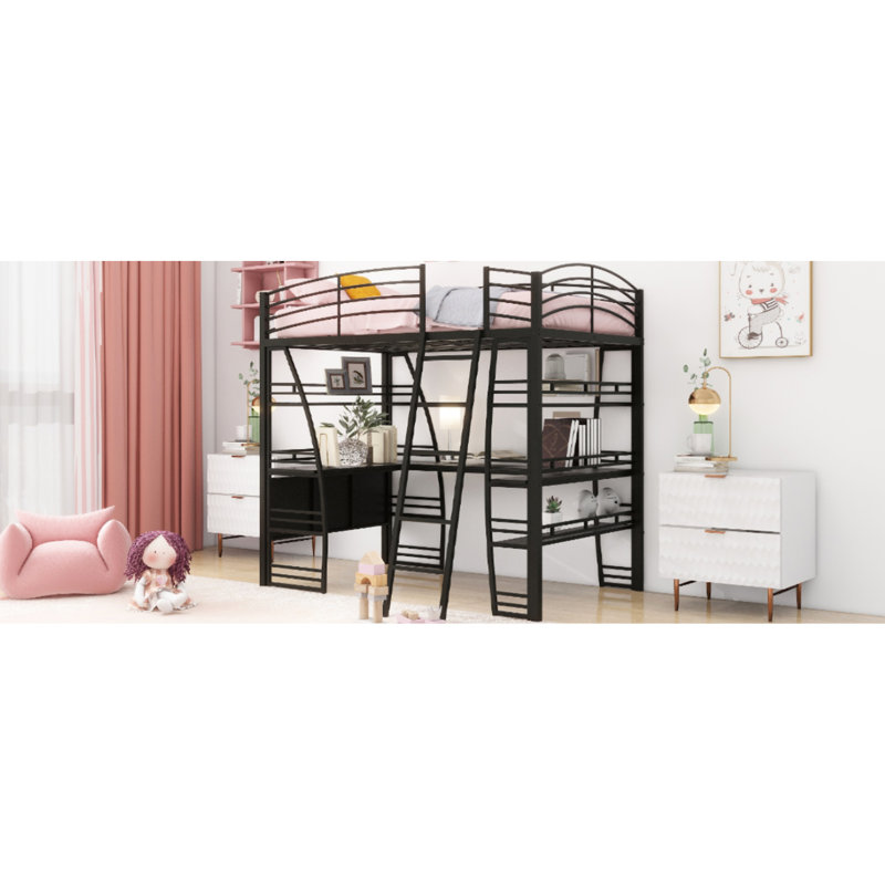 Lit mezzanine en métal avec tablettes crème pour les mains à 4 couches et bureau en forme de L, chargement sans fil, style 4 couches noir chic