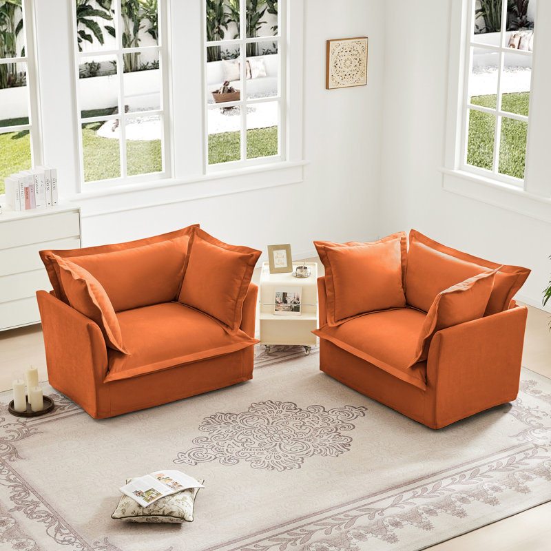 Of 2 Orange Chenille Armchairs With High - Back Pillows, Spacious Seating And Natural Design For Bedroom Decor Seat In Orange, Soft Removable Slipcovers Comfortable Various Spaces