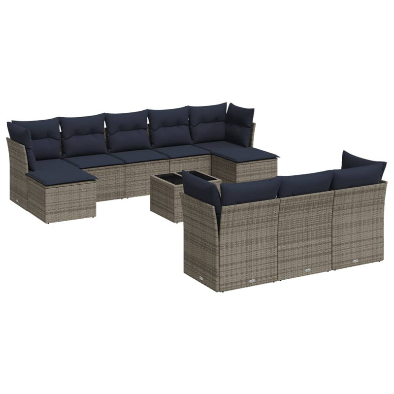 Ensemble de canapé de patio 11 pièces avec coussins en rotin de polyester gris, Coussin bleu marine / structure grise