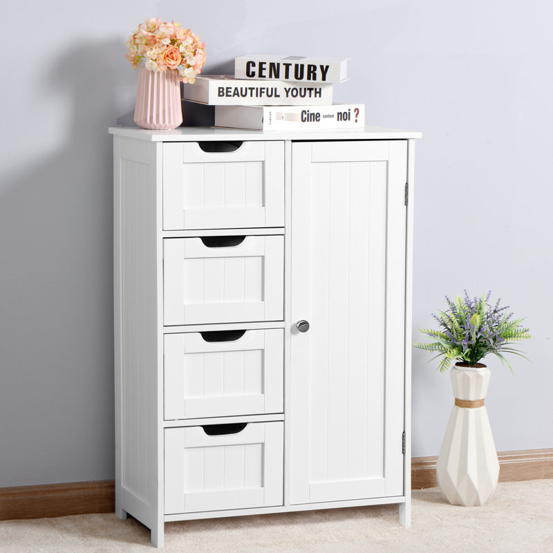 White Bathroom Storage Cabinet - Adjustable Shelf And Routed Handle Drawers For Organizing With 4 Modern Design Office, Study