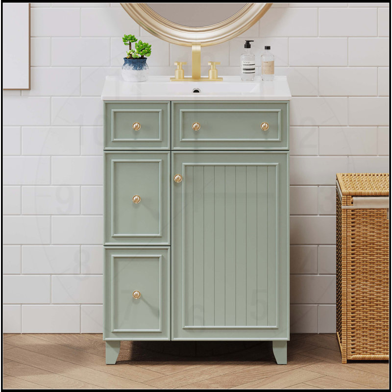 Meuble-lavabo élégant avec lavabo en céramique et grand espace de rangement, Vert, Or
