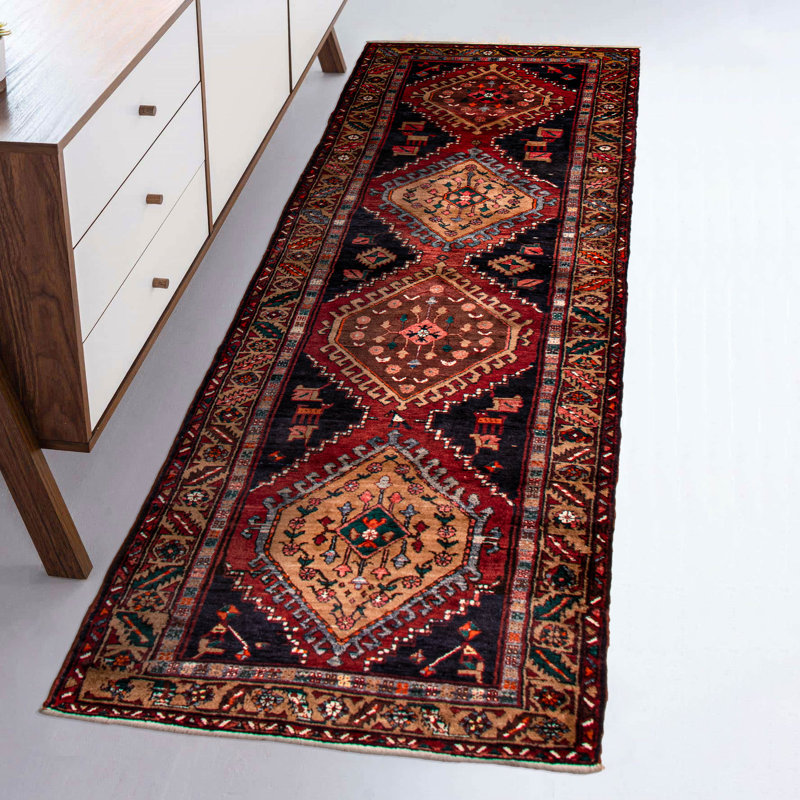 Tapis de couloir unique en laine bleu marine 3 pi 9 po x 13 pi 9 po Konya