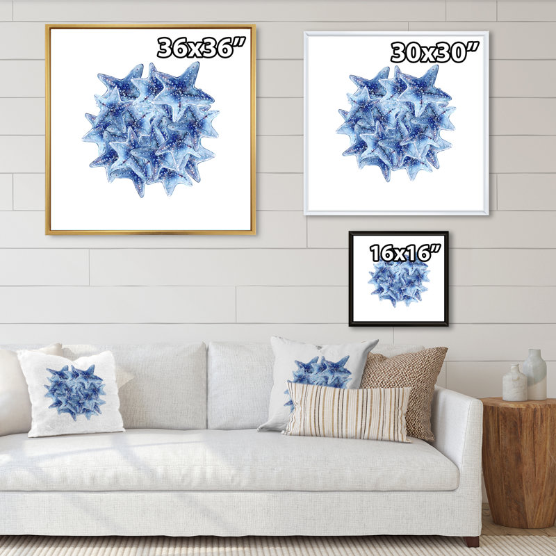 Étoile de mer, composition côtière - on, H 30 po x l 30 po x P 1 po, Toile avec cadre flottant noir