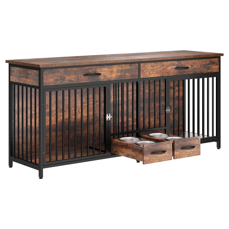 Meuble double en bois avec cage pour chien, Brun, H 34 po x l 74,8 po x P 22 po