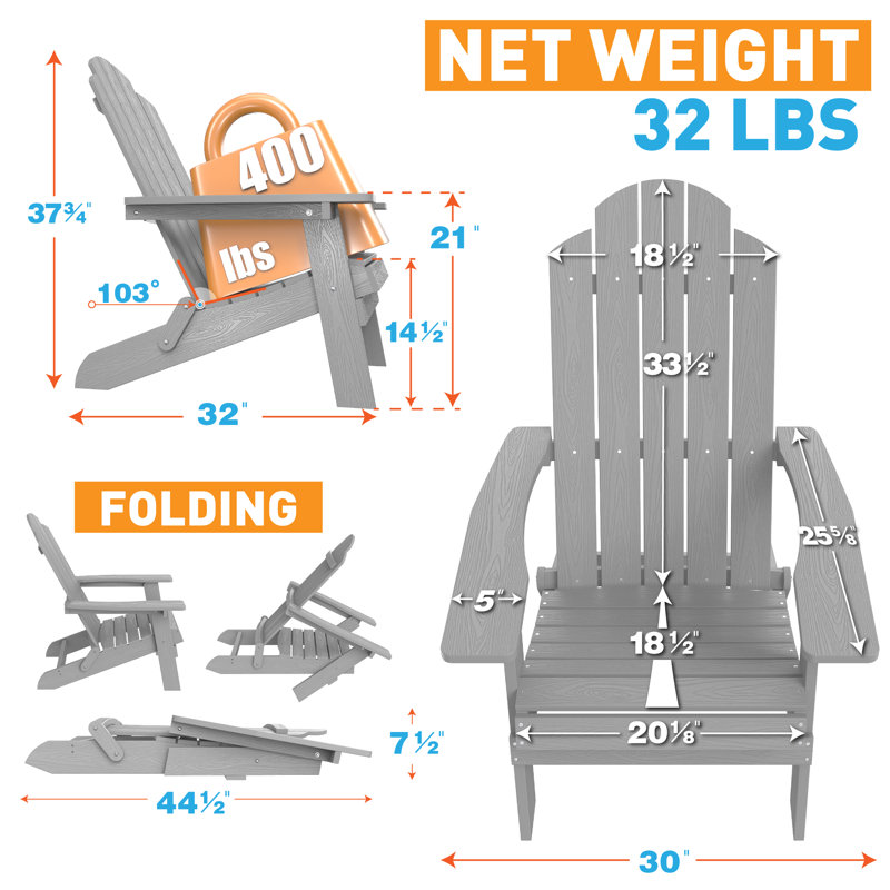 Chaise Adirondack pliante en plastique pour l'extérieur avec table ronde, Gris clair