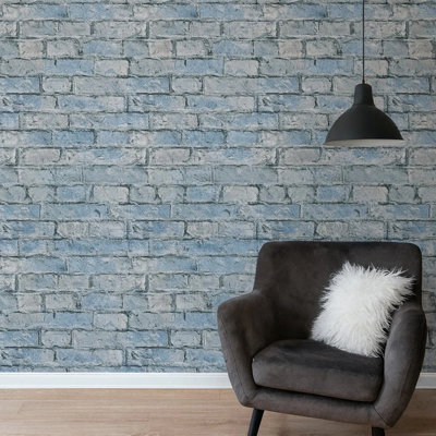 Teal Blue Tan Grey Realistic Faux Distressed Brick Industrial Modern Wallpaper