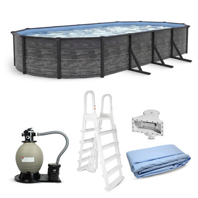 Piscine murale ovale en acier à parois dures de 15 po x 30 pi de 52 po Blue Wave Marbella avec sièges supérieurs en acier de 6 po, système de filtre à sable à deux vitesses, échelle, écumoire et doublure - bouchon de 9 900 gallons pour un usage familial