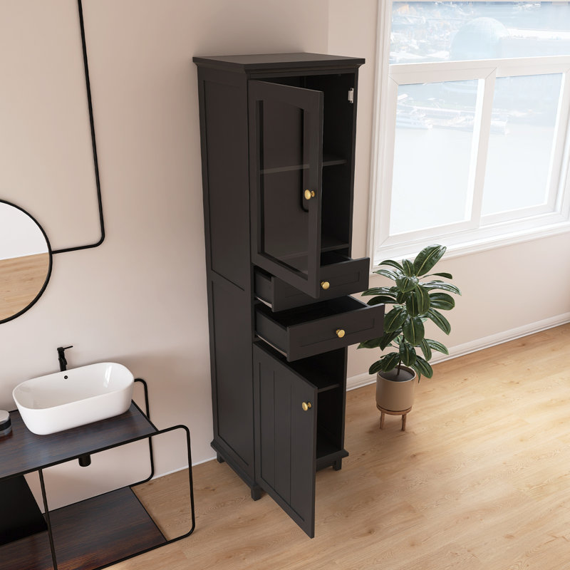 Armoire de rangement en MDF pour salle de bain avec portes en verre, tiroirs et tablettes réglables, Noir mat