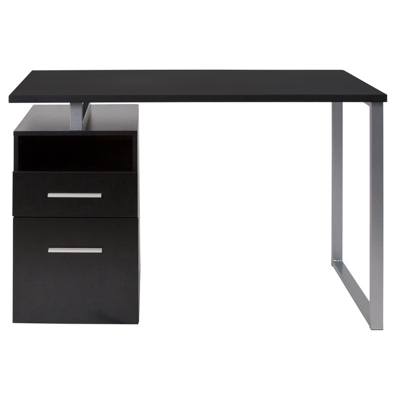 Desk with Two Drawers and Metal Frame, Black