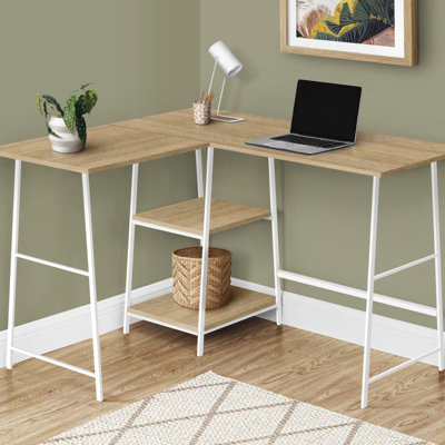 L Shaped Computer Desk With Corner Storage Shelves For Home Office, Space Saving Design With Natural Laminate Surface And Metal Frame