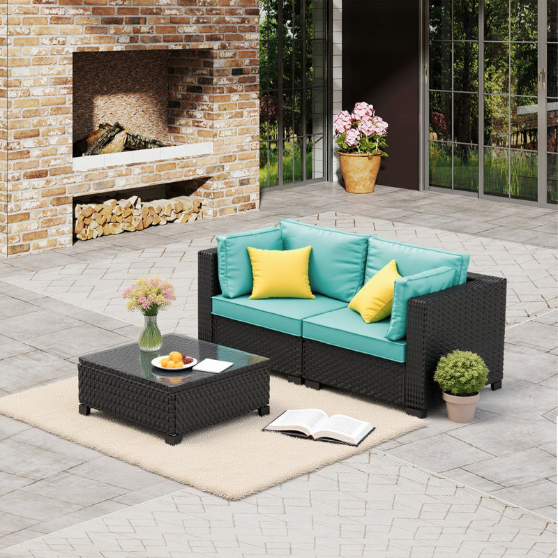 𝗙𝘂𝗹𝗹𝘆 𝗔𝘀𝘀𝗲𝗺𝗯𝗹𝗲𝗱 𝗖𝗵𝗮𝗶𝗿𝘀, Ensemble de meubles de patio pour 2 personnes Ensemble de conversation modulaire en rotin avec canapé