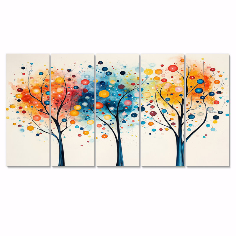 4 saisons, orange et bleu, arbre, reflets III, ensemble d'art mural abstrait Mid-Century, H 28 po x l 60 po