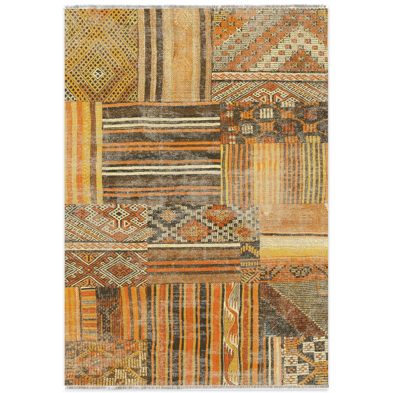 Tapis en chenille de coton marocain rétro brun et jaune Eilette, Tapis de couloir 2 pi 8 po x 8 pi 3 po