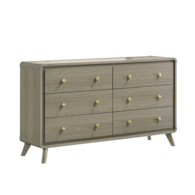 Reny Wide Dresser, 6 Drawers, Rounded Edges, Gold Knobs, Rustic Gray
