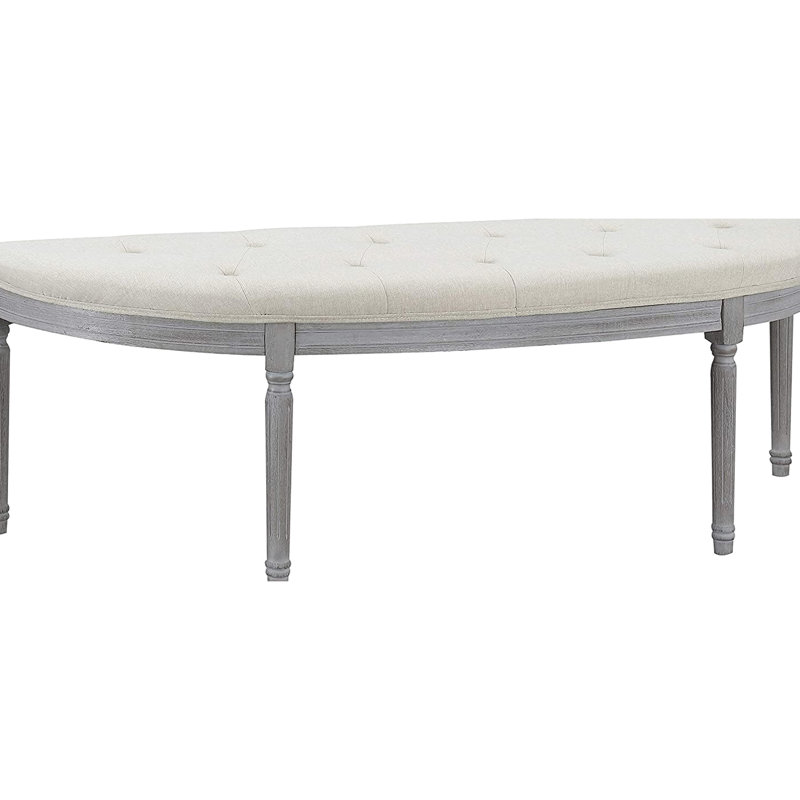 Beige Coastal Button Upholstered Bench With Weathered Gray Legs, Half Crescent Design For Space Optimization In Foyers, Structure, Easy To Clean, Requires Assembly, American Look, 55 Depth Shape -