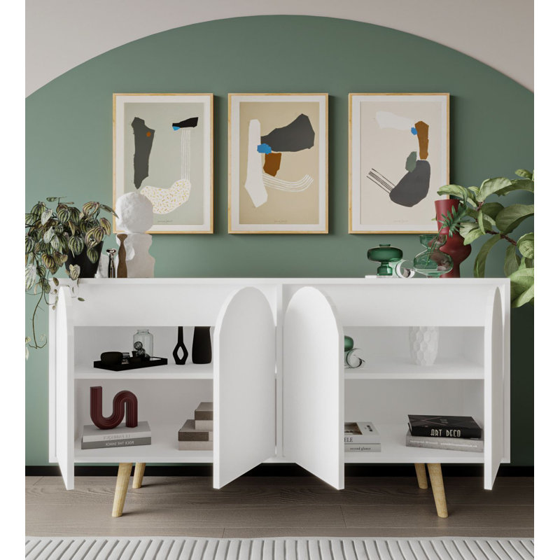 Buffet décoratif 4 portes avec pieds en bois Lilliana, Blanc