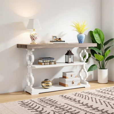 Gray White 55 Inch Long Console Table with Iron Frame, 3 Tier Open Shelf Entryway Table