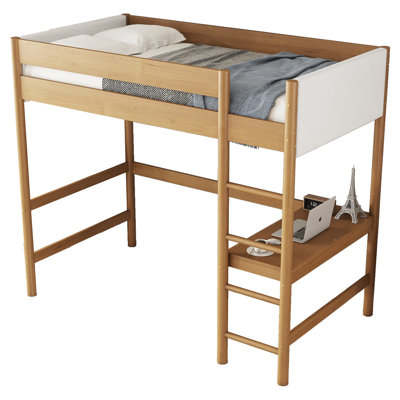 Loft Bed with Desk, Upholstered Loft Bed Frame with Ladder, Safety Guardrails,Rubber Wooden,Teddy Fleece Fabric Headboard/Footboard by Harriet Bee