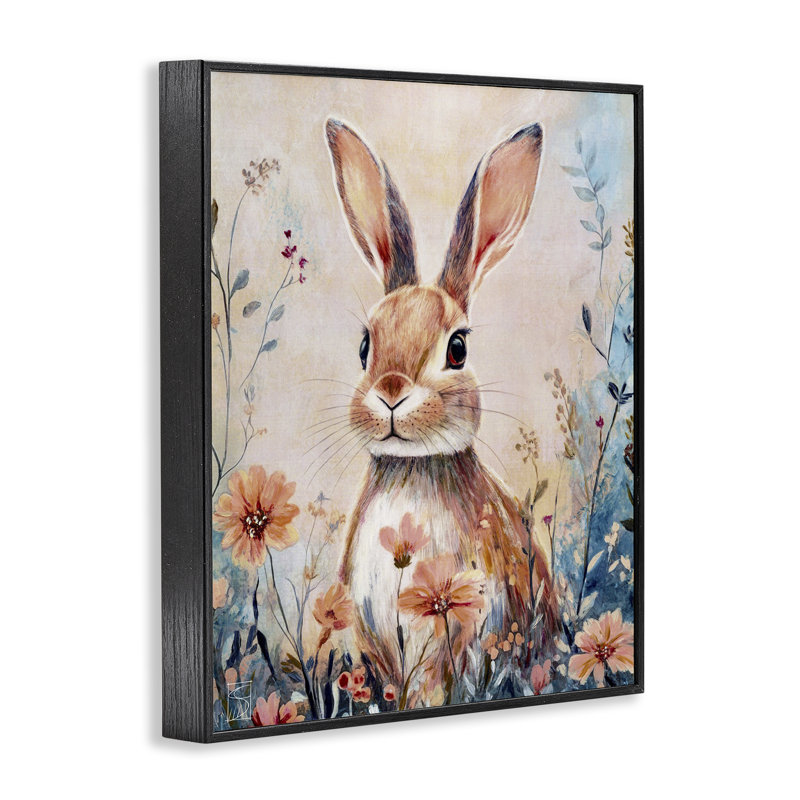 Lapin avec marguerites sauvages, estampe numérique, design par Sara Culpepper, H 14 po x l 11 po, Giclée encadrée noir minuit