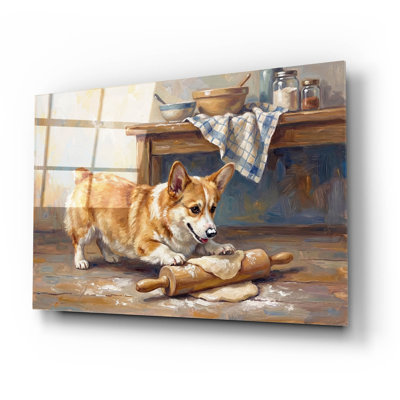 «Pembroke Welsh Corgi In The Kitchen» par Rich Monet, art mural en verre acrylique, 24 po x 16 po