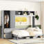 Grand lit gris avec des idées de rangement pratiques pour grand lit