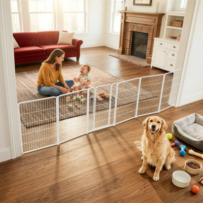 Barrière pour chien très large FXW conçue pour une utilisation à l'intérieur, largeur réglable jusqu'à 165 pouces de large (40 panneaux de H 6 po pour chiens de taille moyenne et grande), blanc