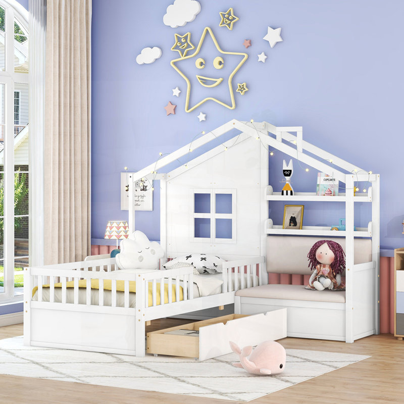 Lit simple avec canapé, lit plateforme pour enfants avec deux tiroirs et tablette de rangement pour une utilisation maximale de l'espace