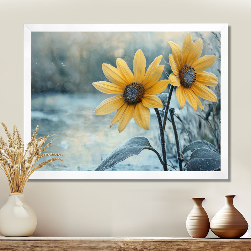 «Doneva Sunflowers By The Frozen Pond II» - Art mural tournesols, Reproduction encadrée d'une seule photo, H 30 po x l 40 po