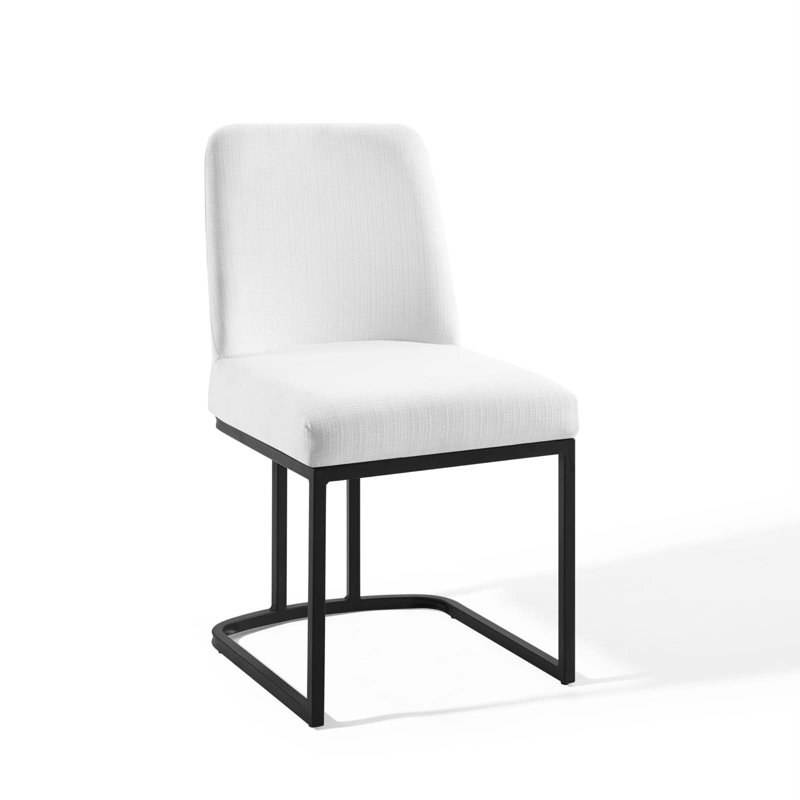 White Upholstered Sled Base Side Chairs with Black Metal Legs, Set of 2