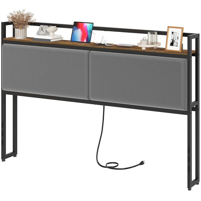 Upholstered Headboard with Charging Station and Open Storage, King