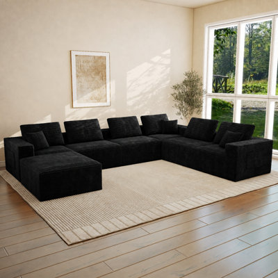 Abdou 141.7" U-Shaped Compression Sectional Sofa With Chaise, Corduroy Cloud Couch, Black