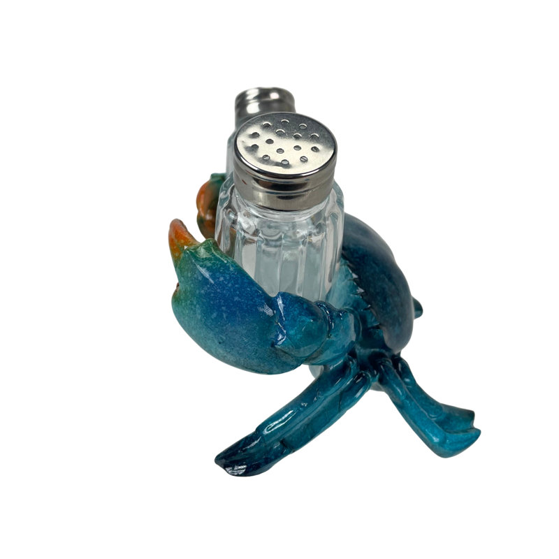 Ensemble de salière et poivrière en crabe bleu côtier avec verre, 6,25 pouces de large