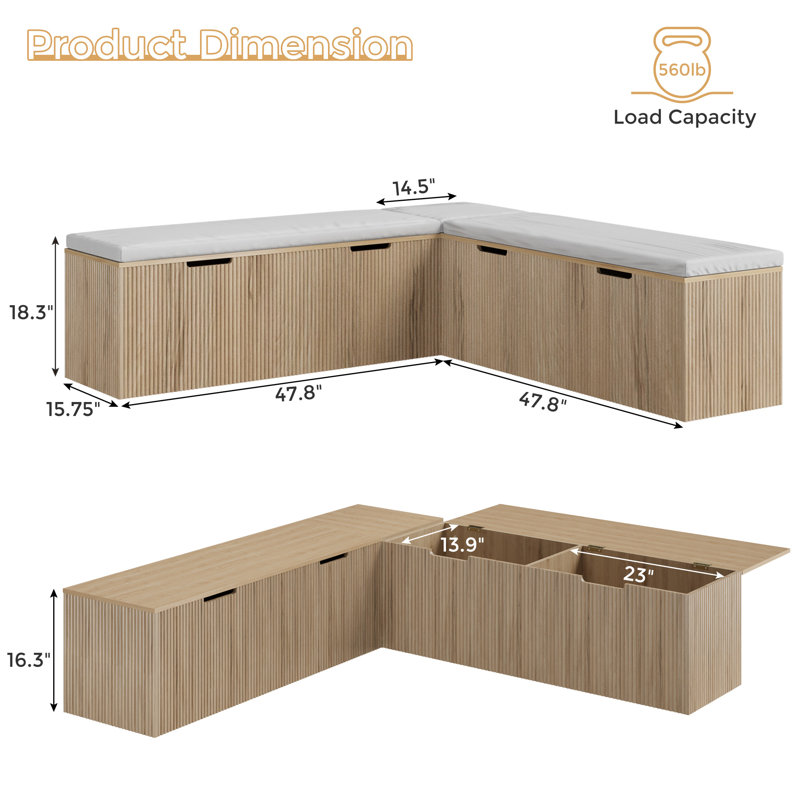 Kitchen Breakfast Nook Bench, Backless Wood Corner Bench With Cushion Seat, L Shape Dining Bench With Hidden Storage Space