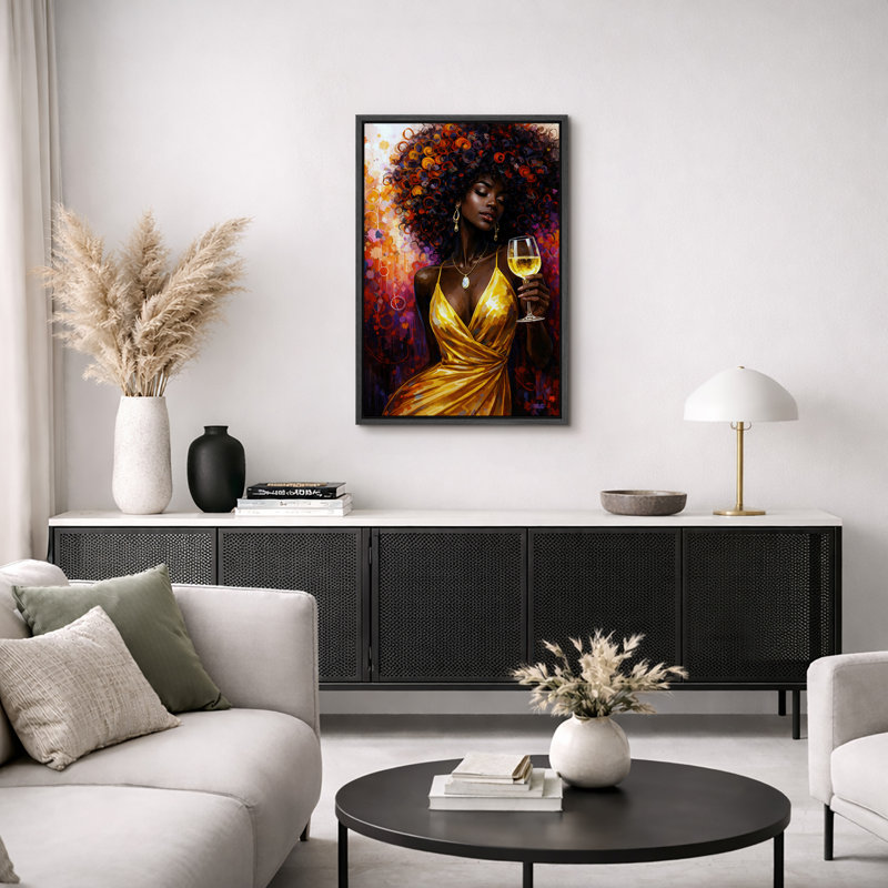 «Vibrant Afro Woman» avec verre de vin, art de portrait coloré, photos de salon, impression sur toile encadrée, Cadre noir