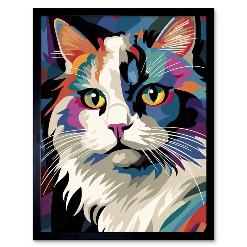 Goku Fluffy Ragdoll Cat Portrait Colourful Purple Blue Black - Single Picture Frame Print