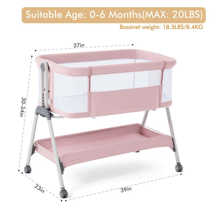 Scarletta Baby Bassinet Bedside Crib with Storage Basket and Wheels, Easy Folding Bed Side Sleeper Adjustable Height Portable Crib for Newborn
