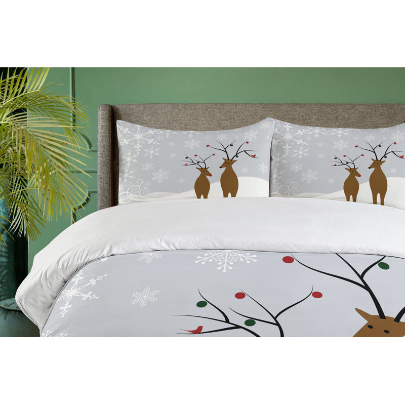 King Size Christmas Reindeer Snowflake Microfiber Duvet Cover Set