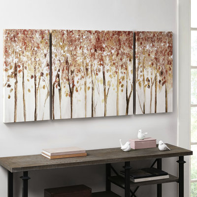 Textured Canvas Wall Art - Autumn Forest Design, 3 , Home , Hand-Painted Texture, 27"X27" Main & 13.5"X27" Sides, Red Hue, , Canvas, Gel Decor Object, Handcrafted Texturing, , Centre Shimmering,