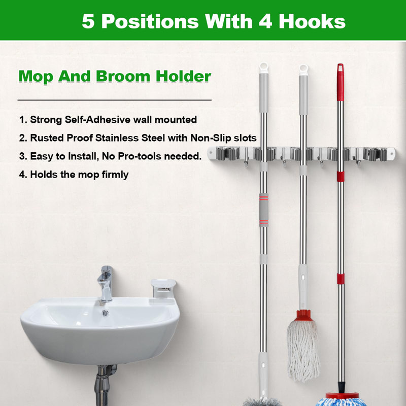 Stainless Steel Mop Broom Holder Wall Mount With 4 Clips & 5 Hooks - Heavy Duty Tool Organizer For Garage, Kitchen