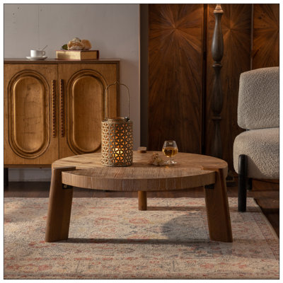 Wood Round Coffee Table - Rustic Natural - For Apartment - Easy Assembly