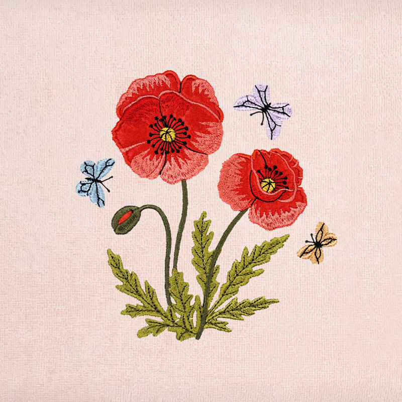 Blush Cotton Hand Towels Set with Embroidered Poppy Flowers