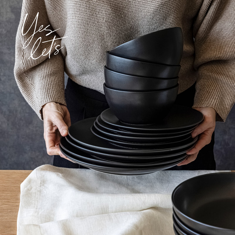 over&back Coupe 16-Piece Semi Hand-Finished Stoneware Dinnerware Set, Service for 4, Black