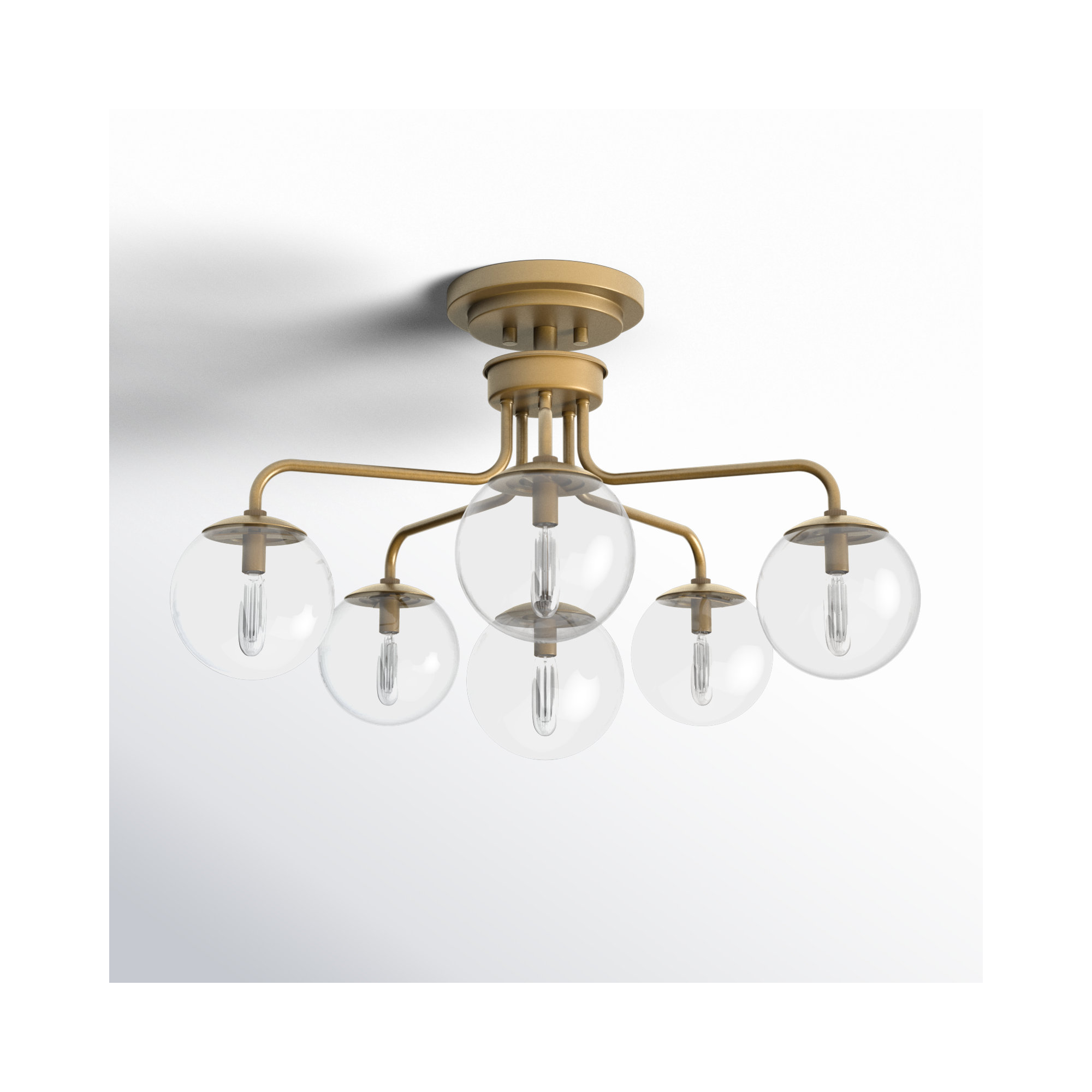 Chemise 6 Light Glass Semi Flush Mount, Clear, Brass