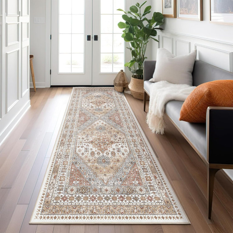 Medallion Non Slip Washable Rug(Orange), Runner 2' x 6'