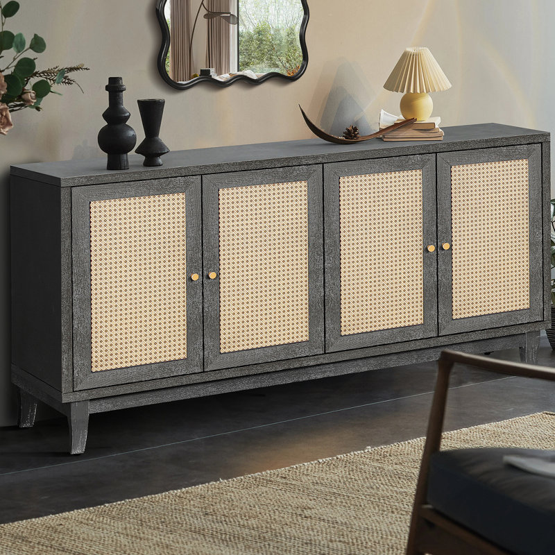 Buffet en rotin, armoire de rangement décorative avec 4 portes en rotin