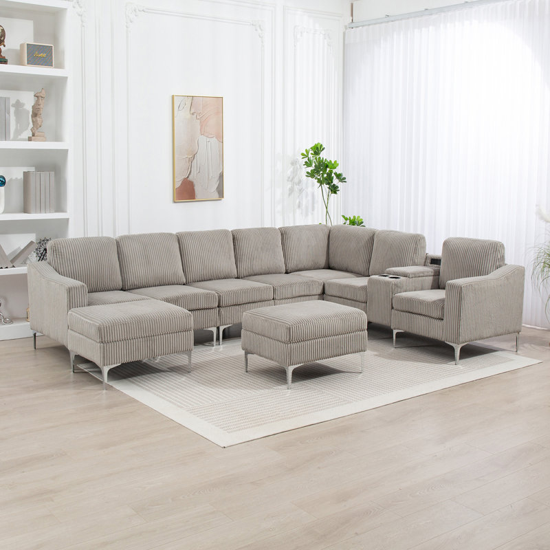 Canapé modulaire convertible en velours côtelé avec repose-pieds, Velours côtelé gris