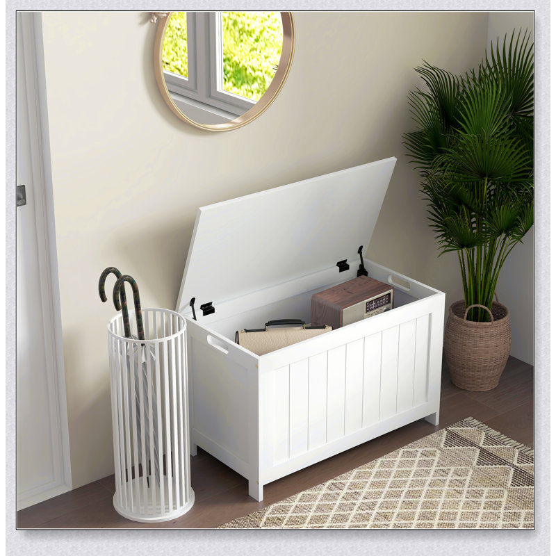 Spacious Wooden Storage Chest With Safety Hinges And Durable Design, For Organizing And Seating, White