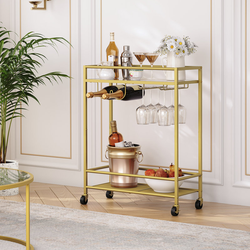 Chariot-bar en verre à 2 niveaux avec roulettes et porte-verres