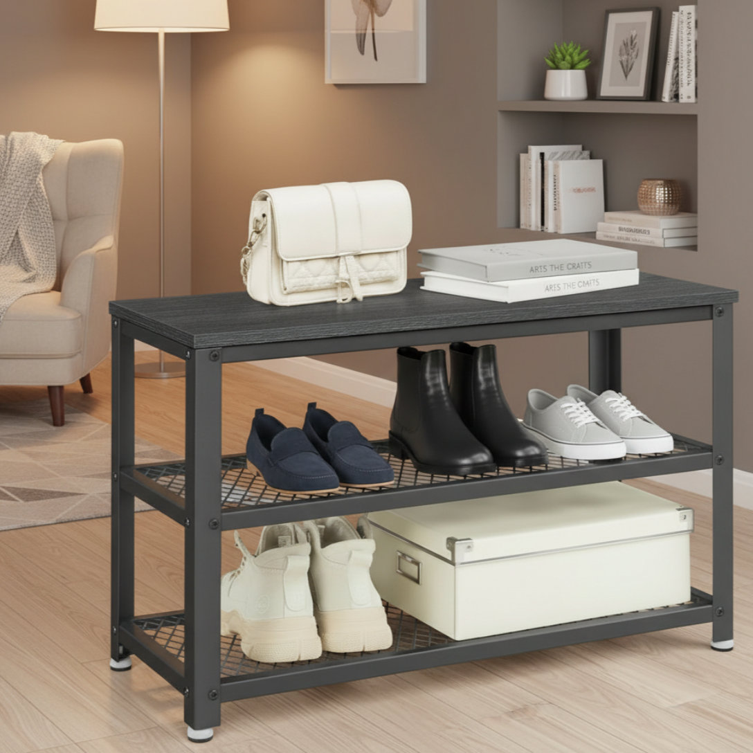 Rebrilliant Ebony Black 3-Tier Shoe Rack With Metal Mesh Shelf And Seat ...