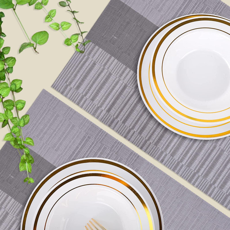 Durable PVC Placemats Set of 8 with Three Horizontal Colour Bands for Stylish Dining Table Decor , Beige